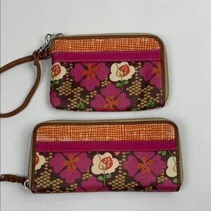 Fossil Floral Wallet and matching wristlet Set Zip around Pink orange brown pair